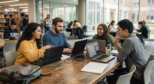 Estudiantes colaborando en equipo con portátiles